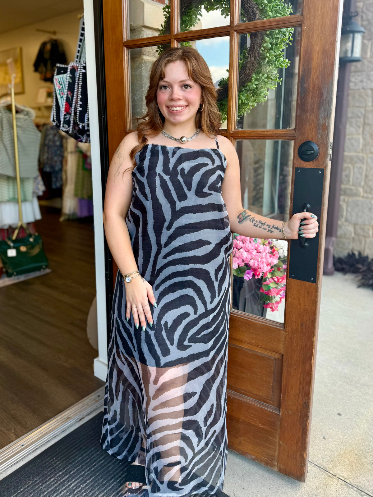 Zebra Print Sheer Overlay Maxi Dress