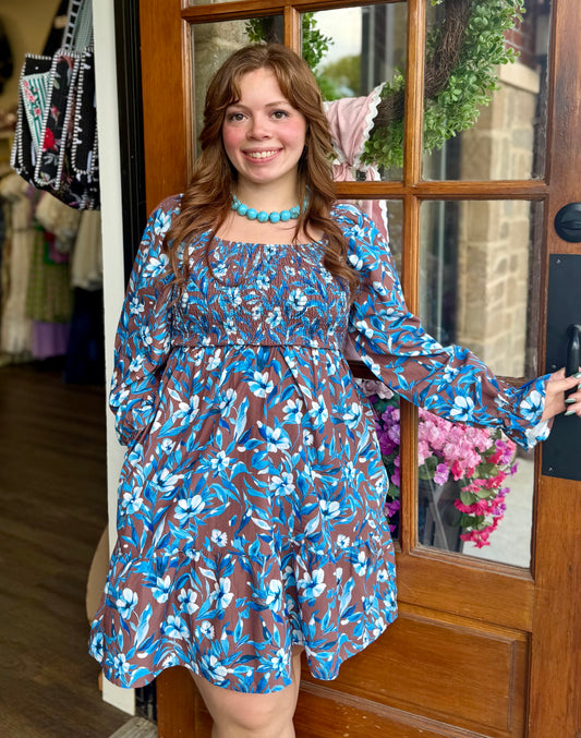 Blue Smocked Floral Dress