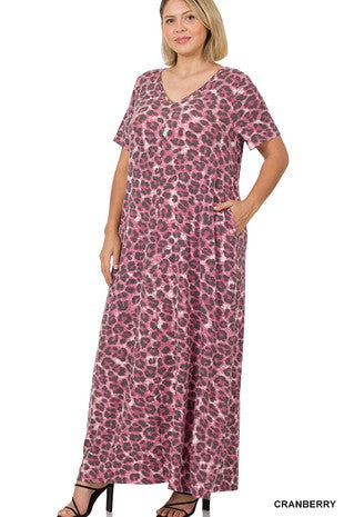 Plus Leopard V-Neck Short Sleeve Maxi Dress