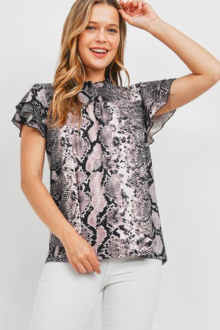 Snake Print Ruffle Sleeve & Neck Top