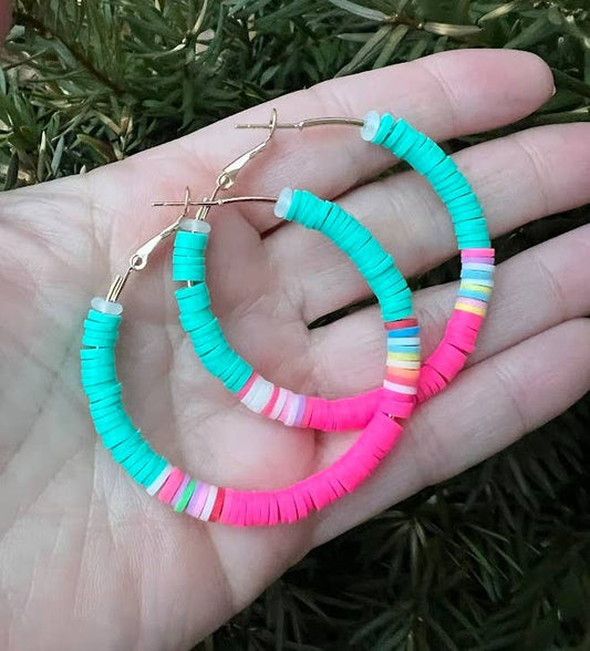 Aqua Pink Multi-Color Heishi Hoop Earrings