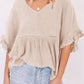 Beige Ruffled Lace Detail Loose V Neck Top