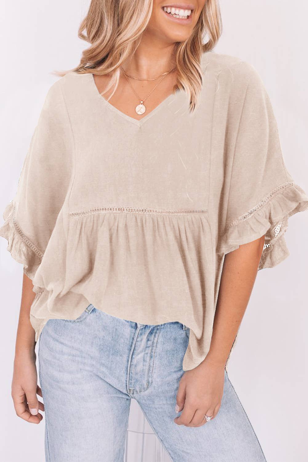 Beige Ruffled Lace Detail Loose V Neck Top