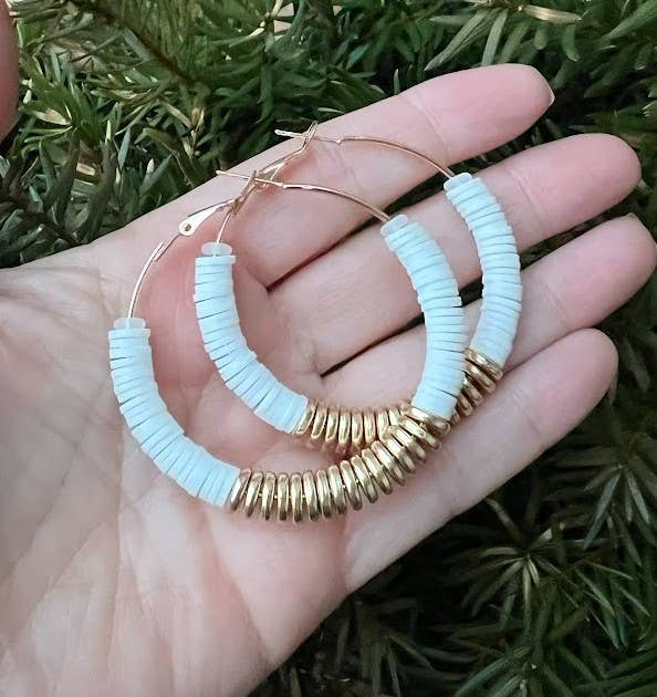 White Gold Heishi Hoop Earrings