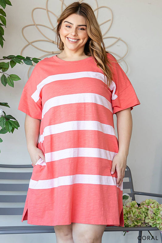 Plus Coral Stripe T-Shirt Dress