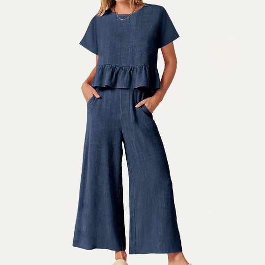 Navy Short Sleeves Top and Wide-Leg Pants Two-Piece Set