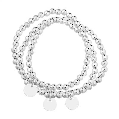 Silver Metal Disc with Charms Set of 3 Stretch Bracelets