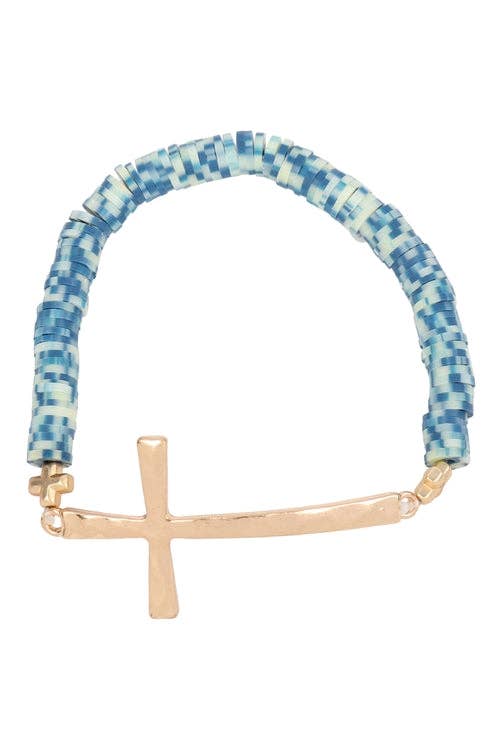 Gold Cross Beaded Stretch Bracelet- Blue