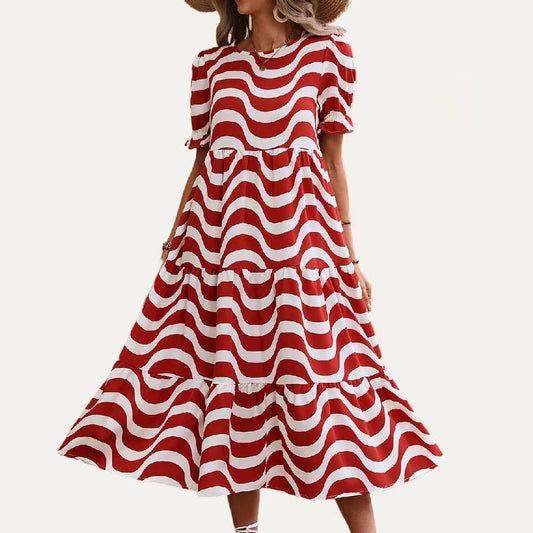 Red Wave Line Pattern Short Sleeve Maxi Dress