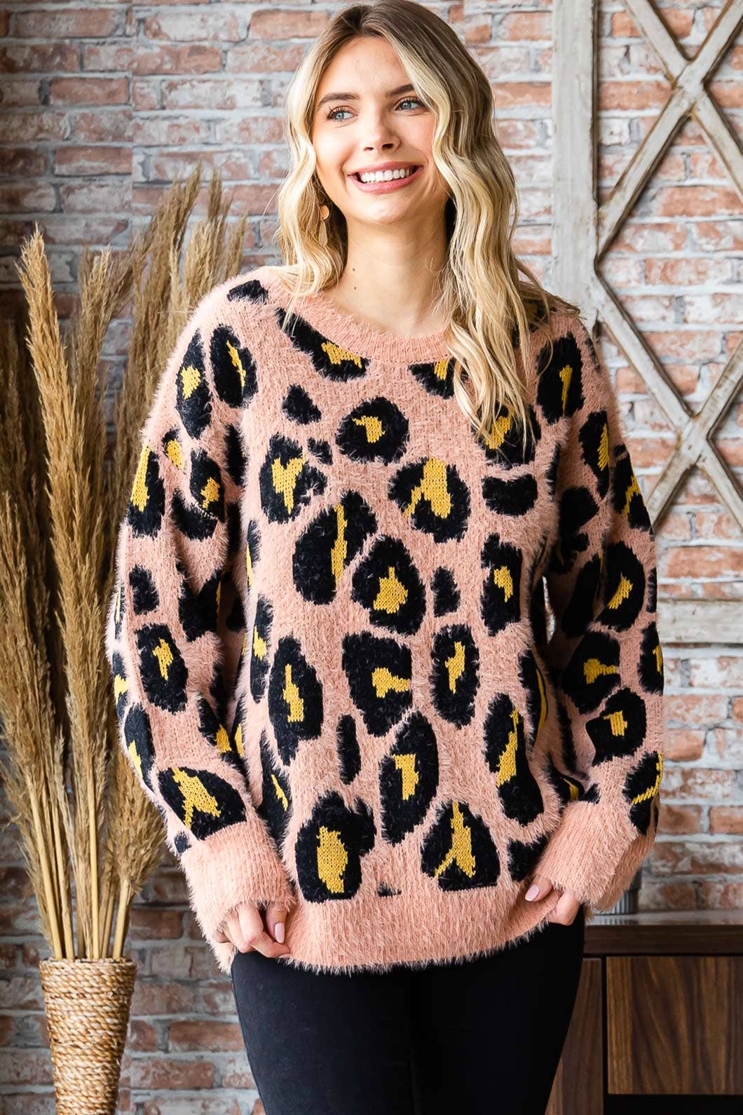 Pink Leopard Round Neck Sweater Top