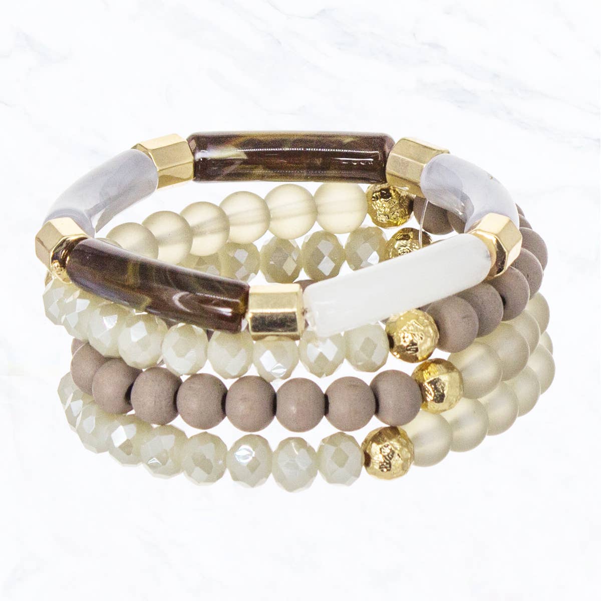 4 Layer Glass Bead Stretch Bracelet: Beige