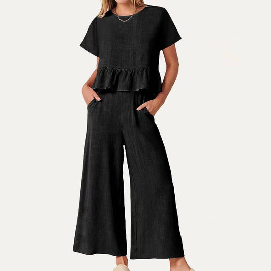 Black Short Sleeves Top and Wide-Leg Pants Two-Piece Set