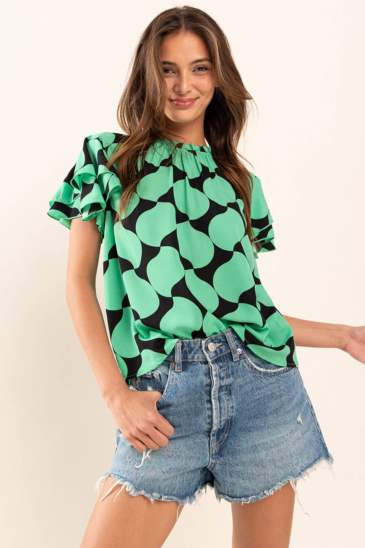 Print Ruffle Sleeve Woven Blouse Top / TY12827PC