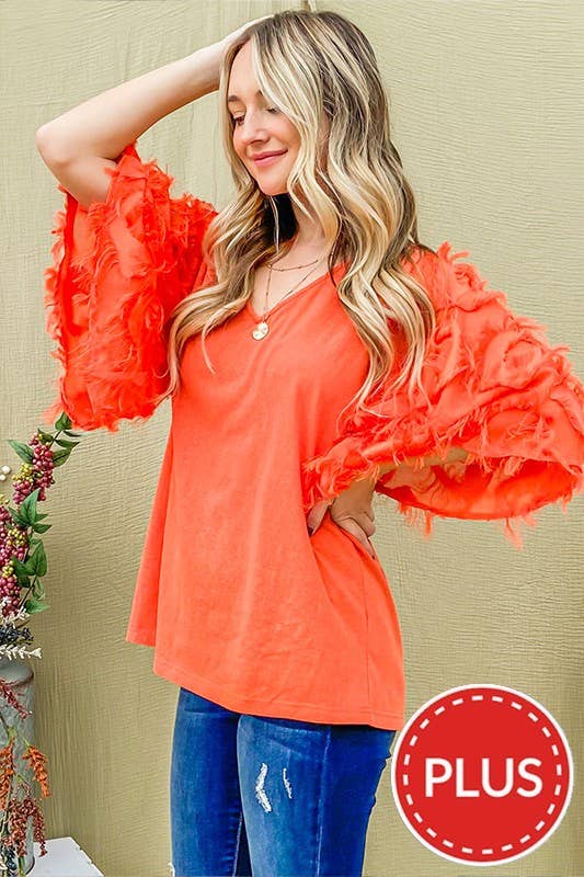 Orange Plus Feather Detailed 3/4 Sleeve Slub Top