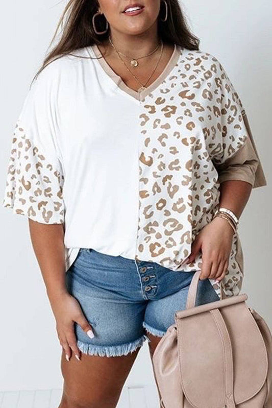 White & Brown Plus Size Leopard Patchwork Short Sleeve Top
