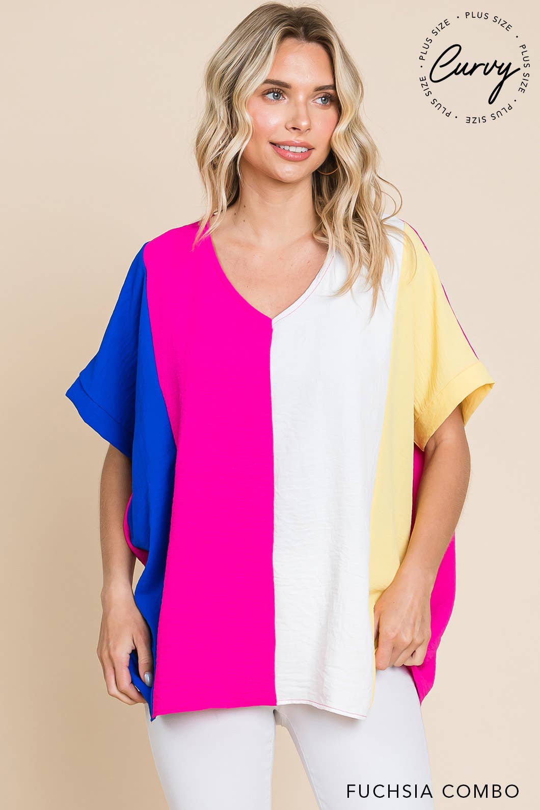 13787W_CURVY-Women's Air Flow Color Block V Neck Top