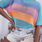 Knitted Eyelet Colorblock Striped Half Sleeves Top