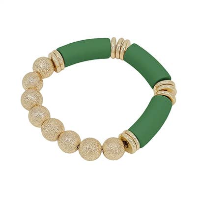 Gold Textured Beaded and Green Wood Bar Stretch Bracelet