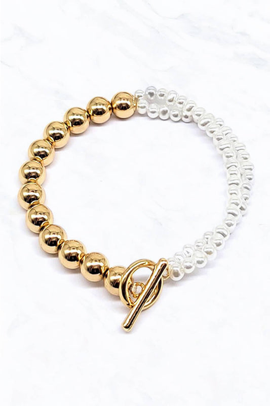 Metal Ball & Pearl, Stretch Toggle Bracelet: Gold Cream
