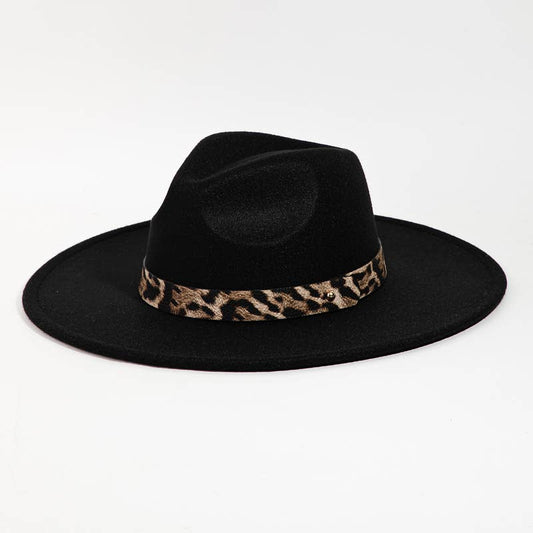 Leopard Strap Flat Brim Fedora Hat