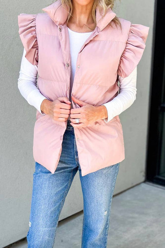 Plain Flutter Sleeves Puff Buttoned Vest Jacket / Pink