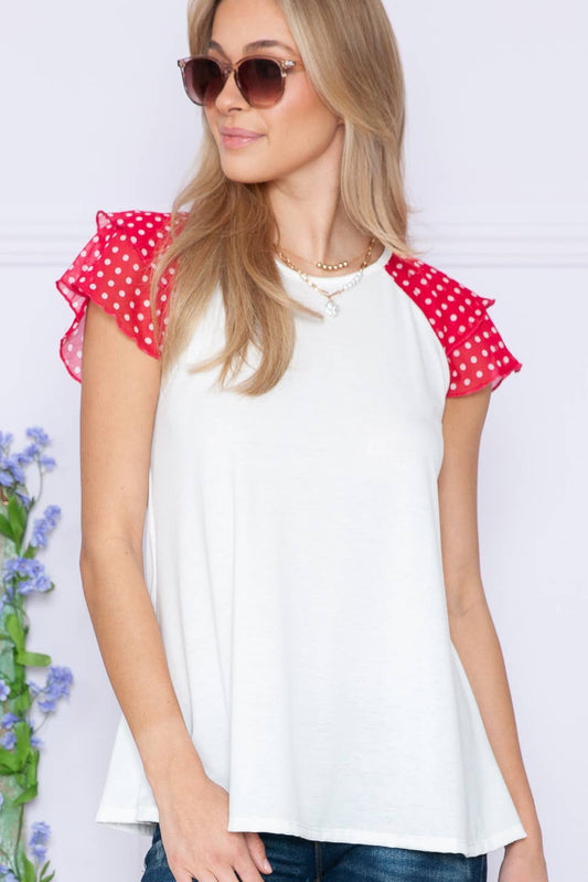 T7393C-4X - Plus Solid Polka Dot Contrast Short Sleeve Top