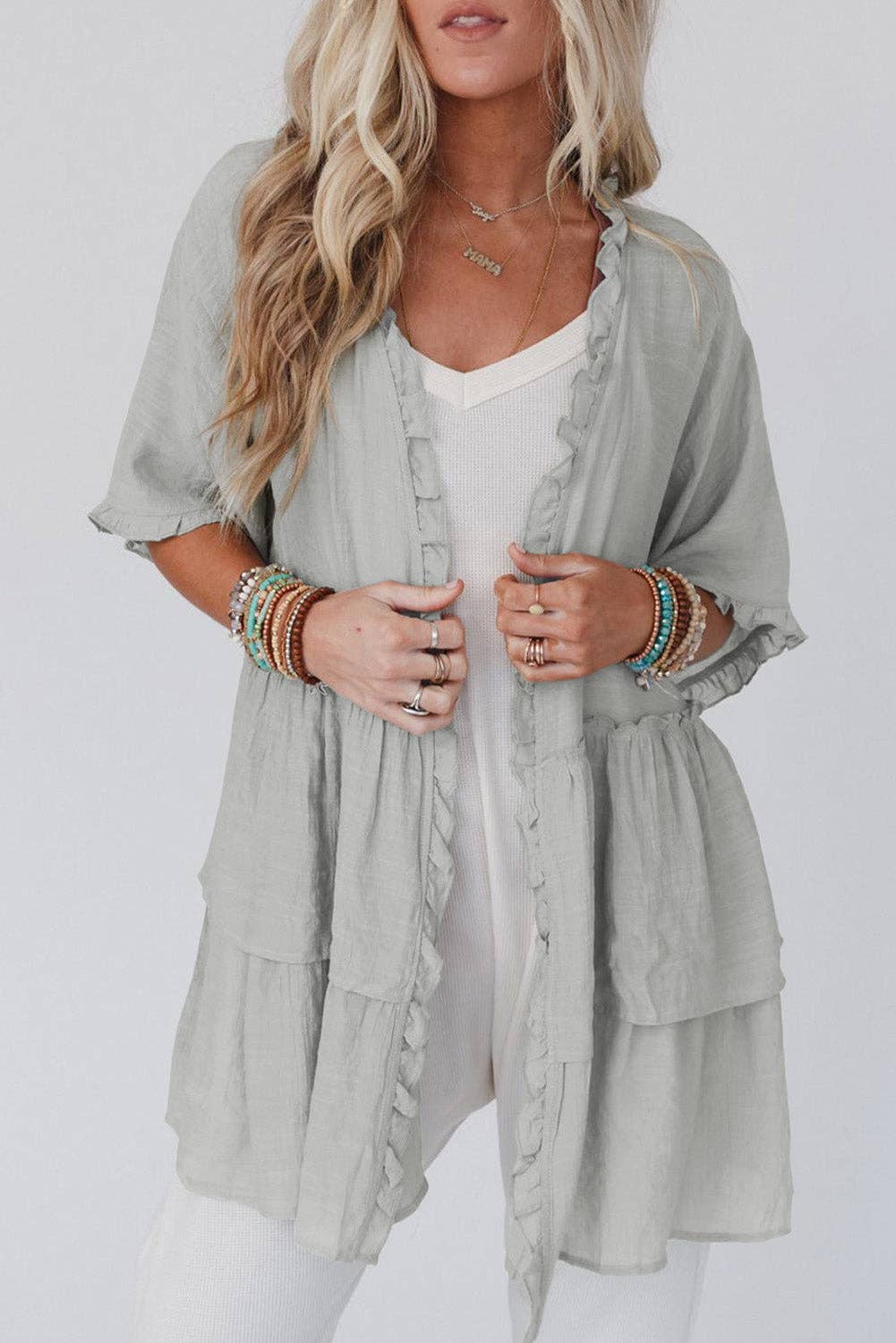 Ruffled Trim Half Sleeve Open Front Kimono