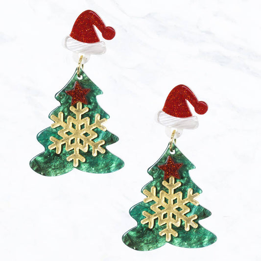 Christmas Hat Tree Gold Snowflake Earrings