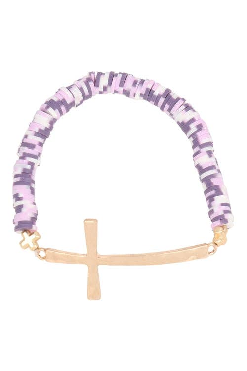 Gold Cross Beaded Stretch Bracelet- Purple