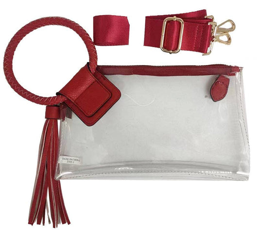 See Through Clear Cuff Handle Tassel Wrislet Clutch: Red