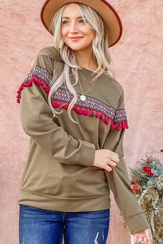 Ethnic Ribbon Tassel Trim Top