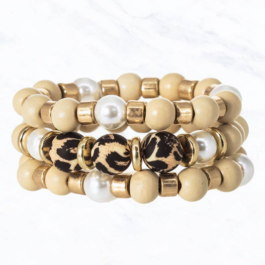 Wooden Bead, Gold, Bracelet Set: Natural