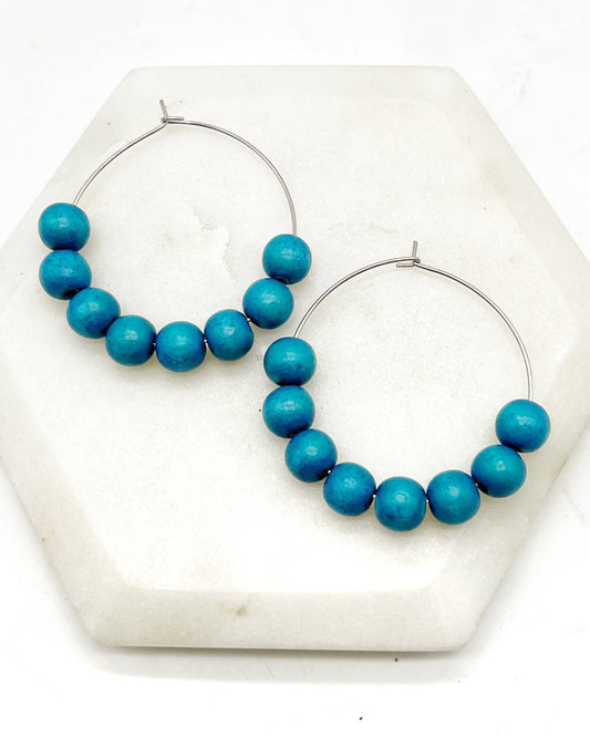 Teal Blue Wood Hoop Bead Earrings