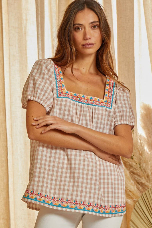Embroidered Gingham Top T11398