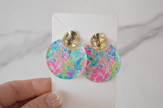 Preppy Earrings, Colorful Notched Circle Earrings, Floral Blue