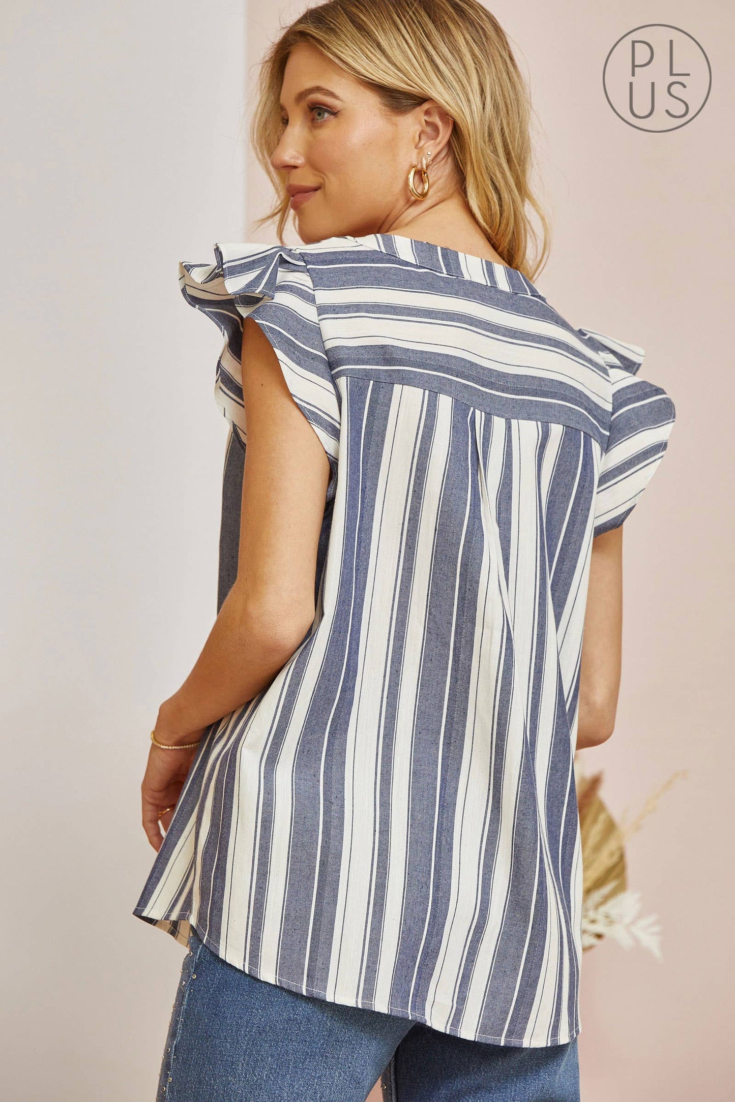 PLUS Split Neckline Flutter Sleeve Striped Top PT11524