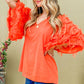 Orange Feather Detailed 3/4 Sleeve Slub Top