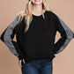 Black Cotton Thermal Contrast Inserted Sleeve Detailed Top