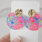 Preppy Earrings, Colorful Notched Circle Earrings, Floral Pink