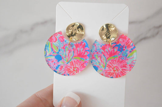 Preppy Earrings, Colorful Notched Circle Earrings, Floral Pink