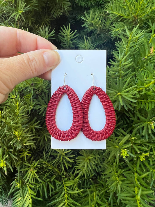 Burgundy Raffia Teardrop Silhouette Earrings