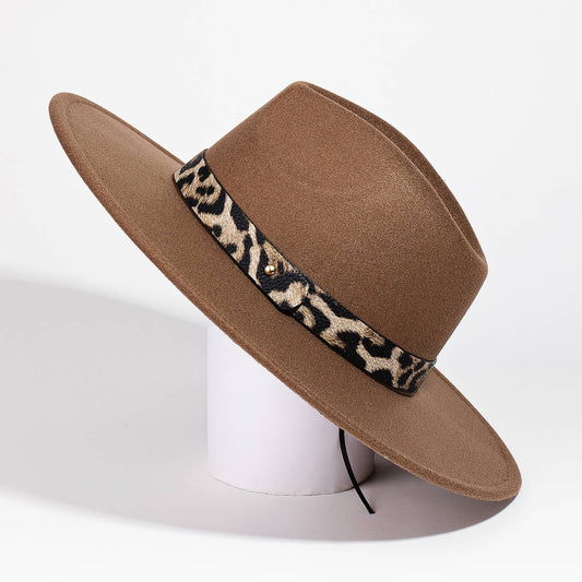 Leopard Strap Flat Brim Fedora Hat