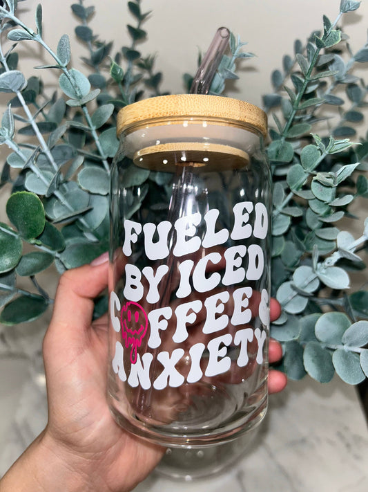 Fueled By Iced Coffee & Anxiety Beer Can Glass