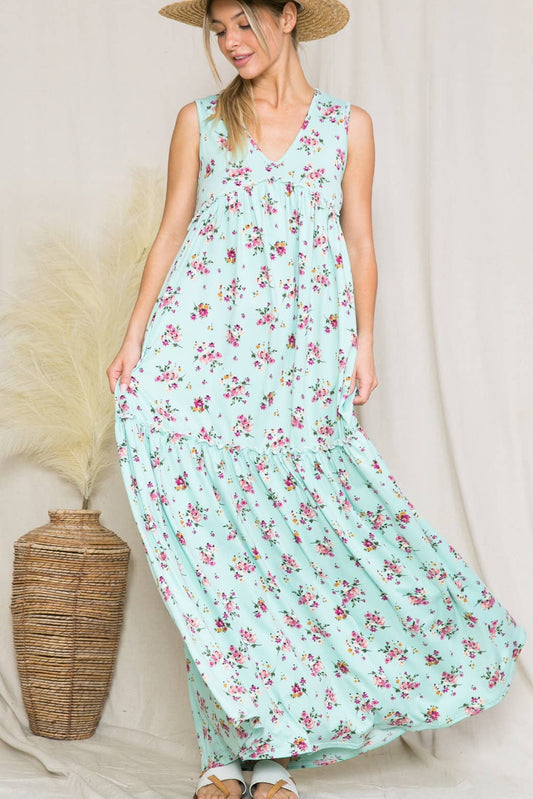 D6904-1 - Floral Sleeveless Tiered Maxi Dress