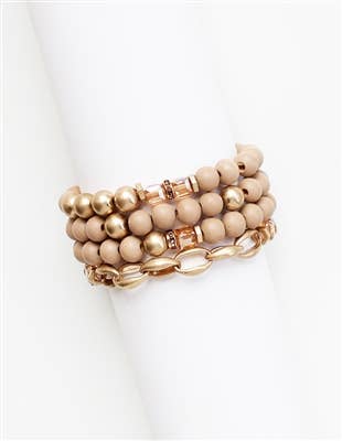 Set of 4 Tan Natural Stone & Gold Beaded Stretch Bracelet