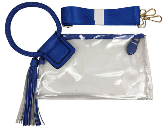 See Through Clear Cuff Handle Tassel Wrislet Clutch: Royal Blue