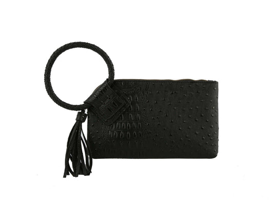 Tasia Croc Ostrich Bangle Wristlet/Clutch With Tassel: Black