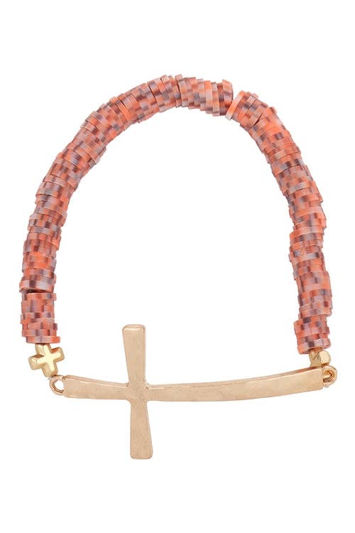 Gold Cross Beaded Stretch Bracelet-Peach
