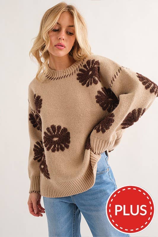 Plus Daisy Textured Allover Print Pullover Sweater