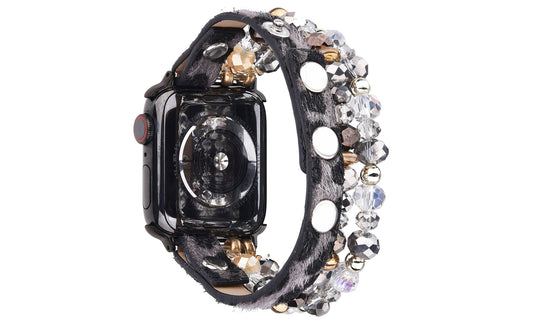 Black Leopard Calf Leather and Crystal Apple Watch Band: 38/40/41mm